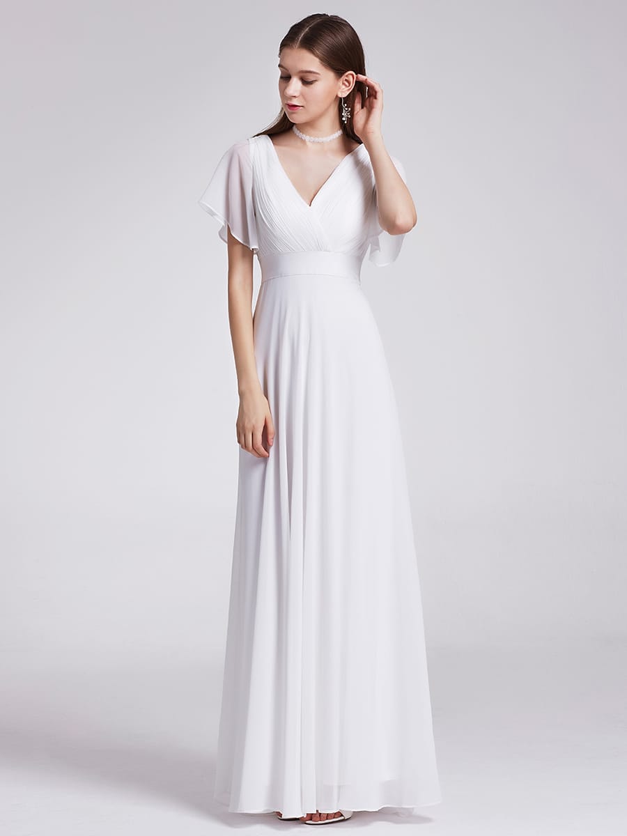 Empire Waist Floor Length Bridesmaid Dress with Short Flutter Sleeves #color_White