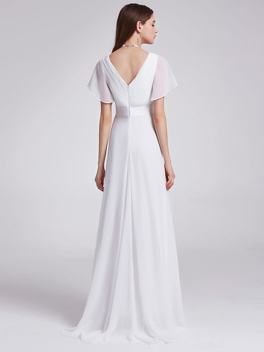 Empire Waist Floor Length Bridesmaid Dress with Short Flutter Sleeves #color_White