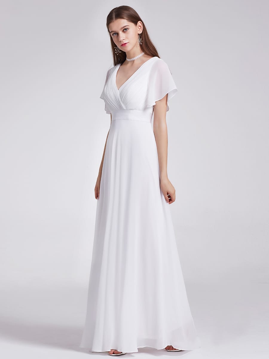 Empire Waist Floor Length Bridesmaid Dress with Short Flutter Sleeves #color_White