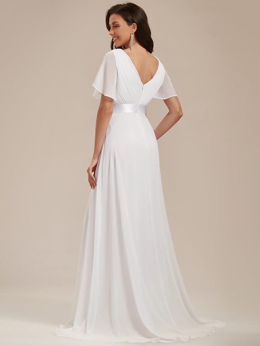 Long Empire Waist Bridesmaid Dress with Short Flutter Sleeves