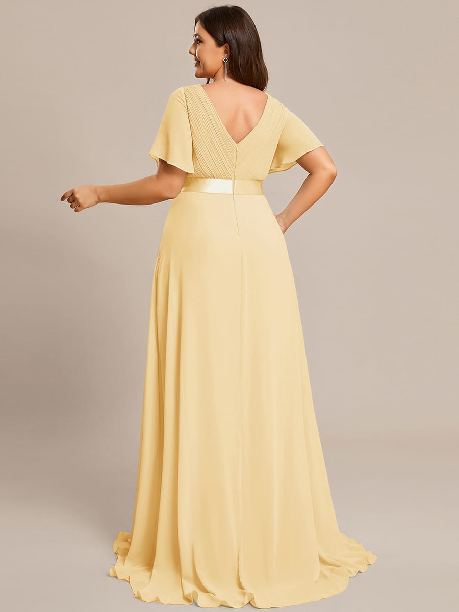 Long Empire Waist Bridesmaid Dress with Short Flutter Sleeves #color_Yellow