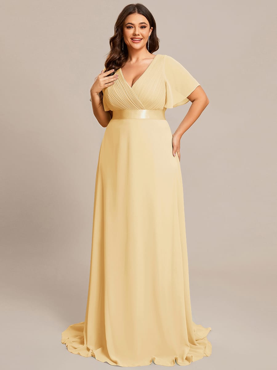 Long Empire Waist Bridesmaid Dress with Short Flutter Sleeves #color_Yellow