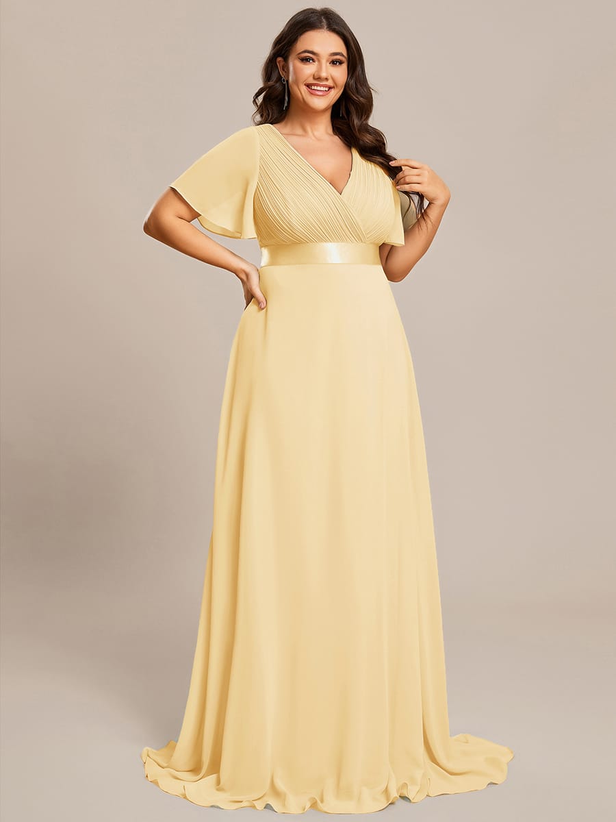 Long Empire Waist Bridesmaid Dress with Short Flutter Sleeves #color_Yellow