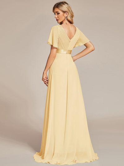 ever MONICA|Long Empire Waist Bridesmaid Dress with Short Flutter Sleeves