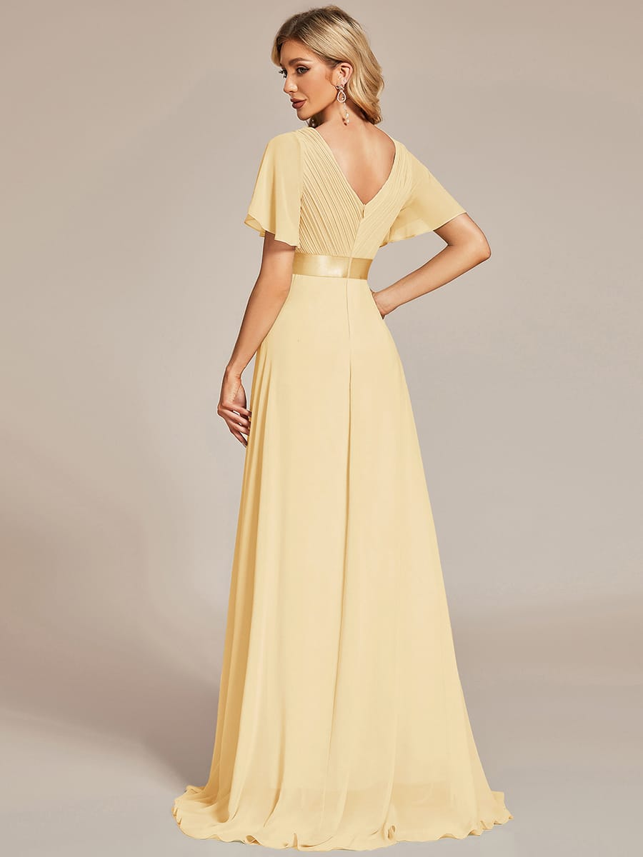 Long Empire Waist Bridesmaid Dress with Short Flutter Sleeves #color_Yellow