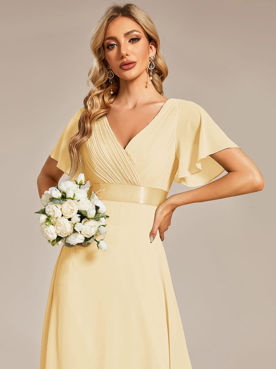 Long Empire Waist Bridesmaid Dress with Short Flutter Sleeves #color_Yellow