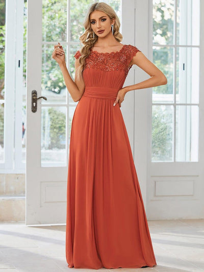 Maxi Long Lace Cap Sleeve Elegant Bridesmaid Dress #color_Burnt Orange