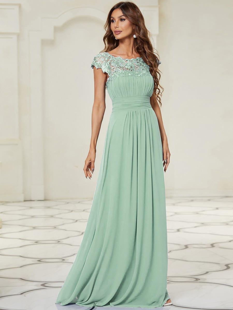 A-Line Lace Cap Sleeve Chiffon Long Evening Dress for Wedding