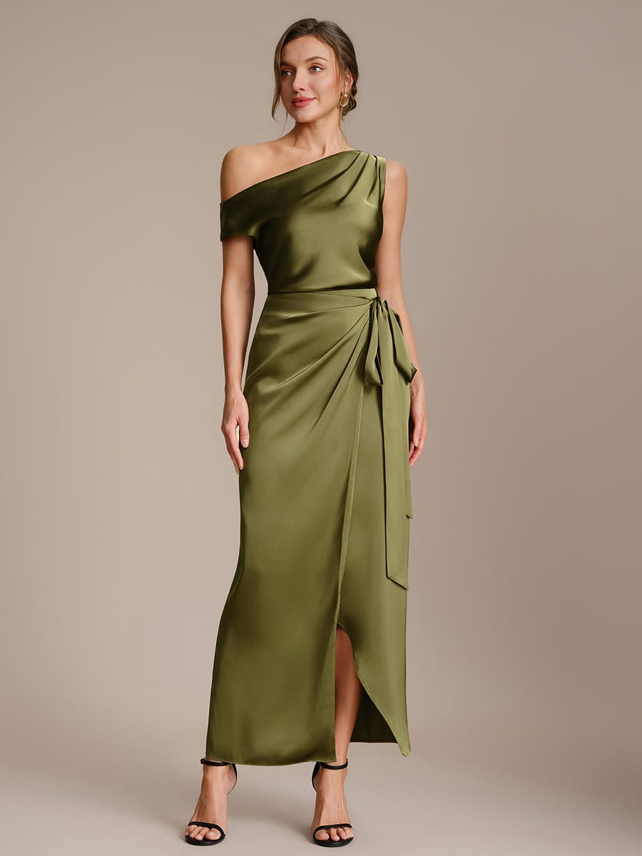 Slit Satin Sheath Skirts #color_Olive Green