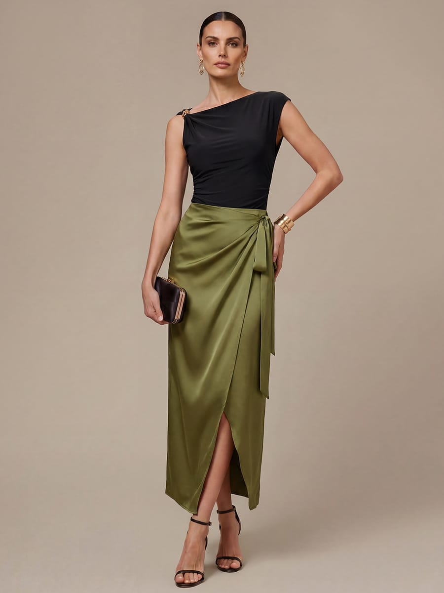 Slit Satin Sheath Skirts #color_Olive Green
