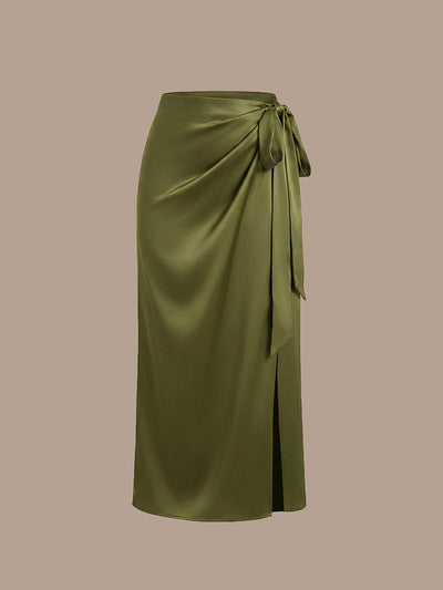 Slit Satin Sheath Skirts #color_Olive Green