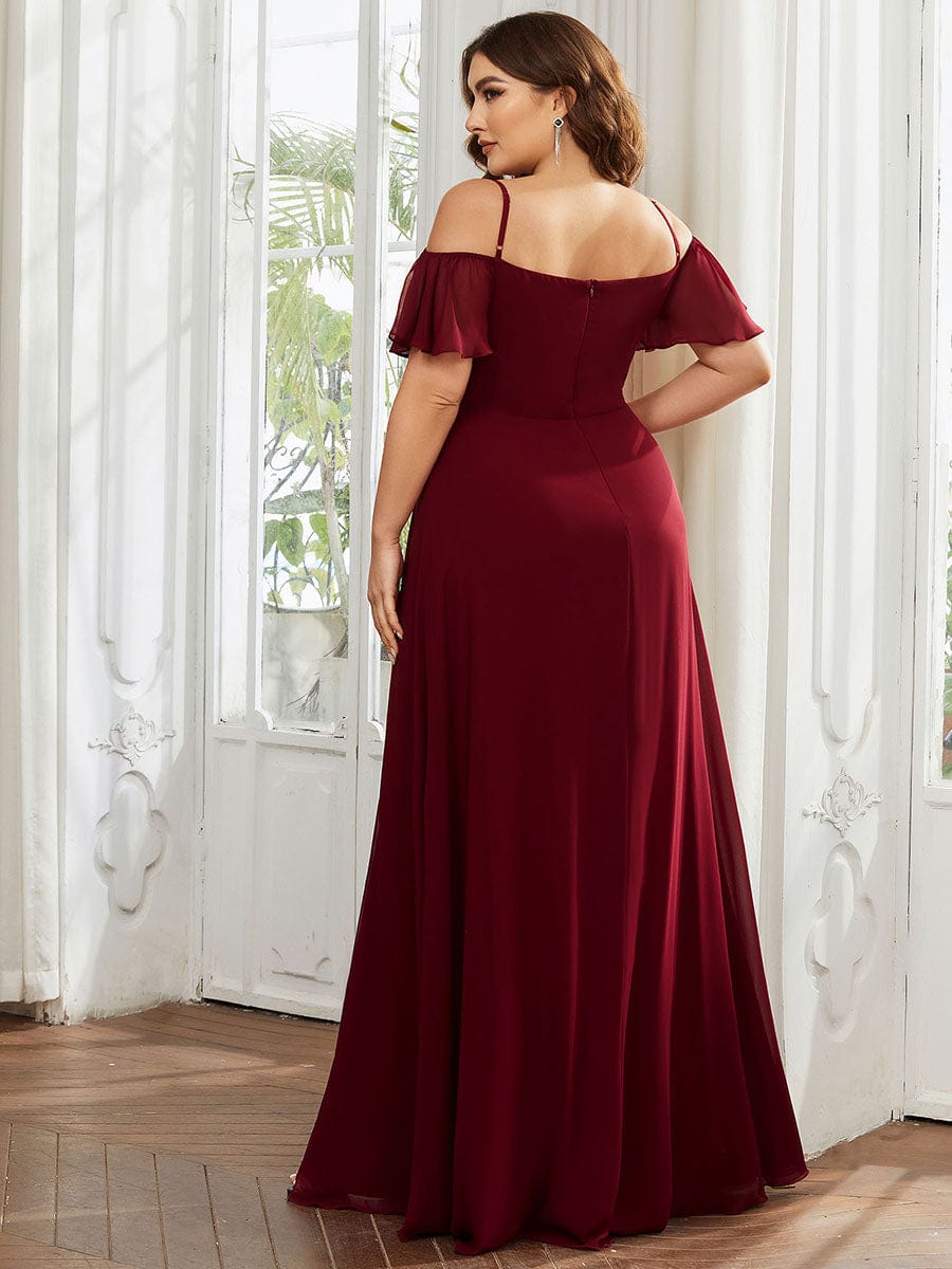 Plus-Size Cold-Shoulder V-neck Evening Dress with Side Slit #color_Burgundy