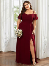 Plus-Size Cold-Shoulder V-neck Evening Dress with Side Slit #color_Burgundy