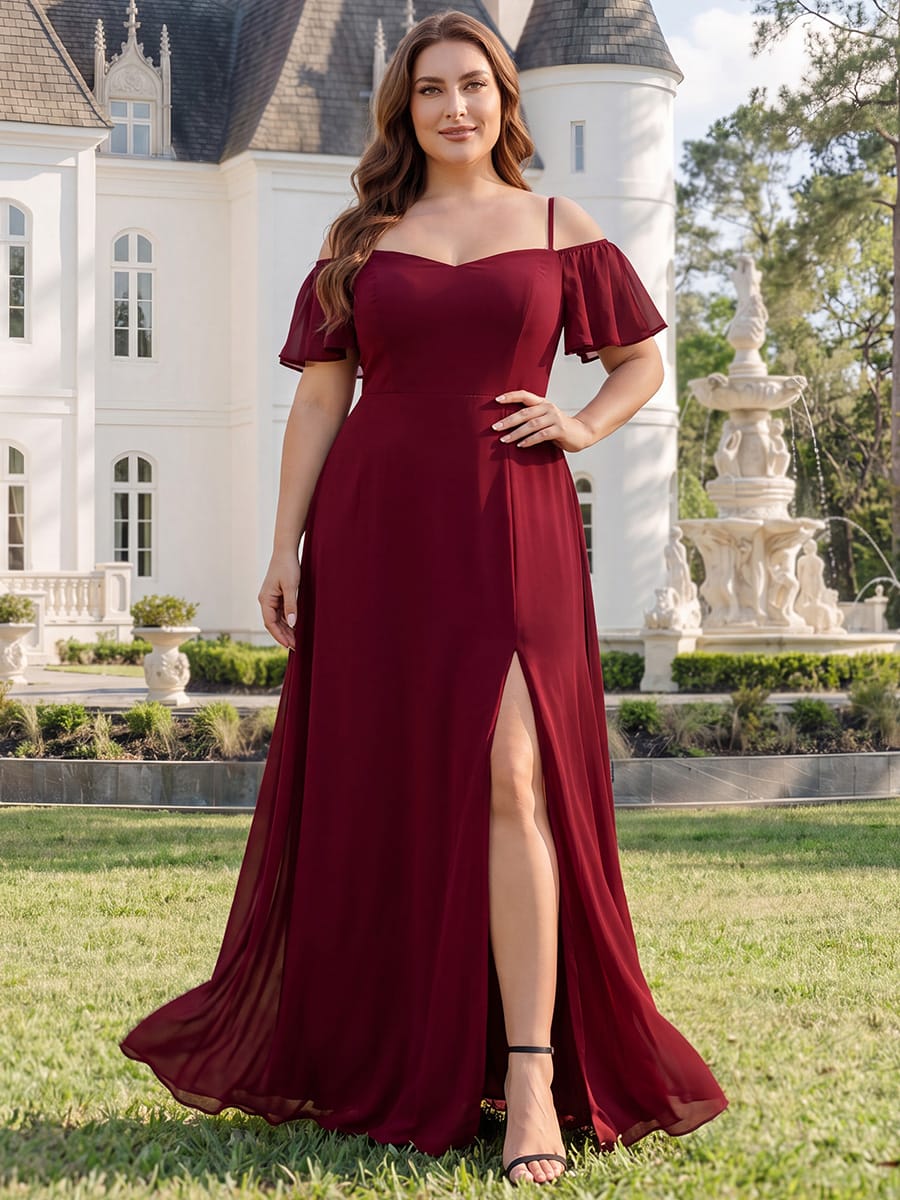 Stylish Cold-Shoulder Floor Length Bridesmaid Dress with Side Slit #color_Burgundy