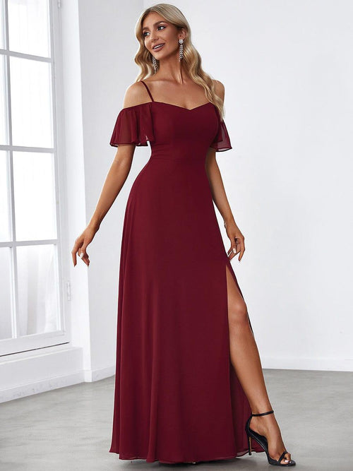 Pink Ruched Cold Shoulder Bridesmaid Dress with Slit main image 0
