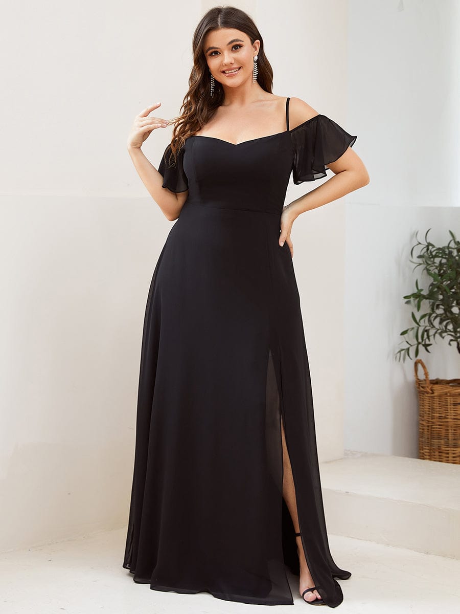 Plus-Size Cold-Shoulder V-neck Evening Dress with Side Slit #color_Black