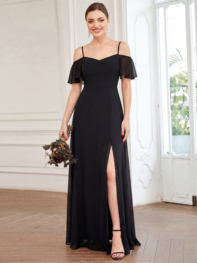 ever REYA|Stylish Cold-Shoulder Floor Length Bridesmaid Dress with Side Slit