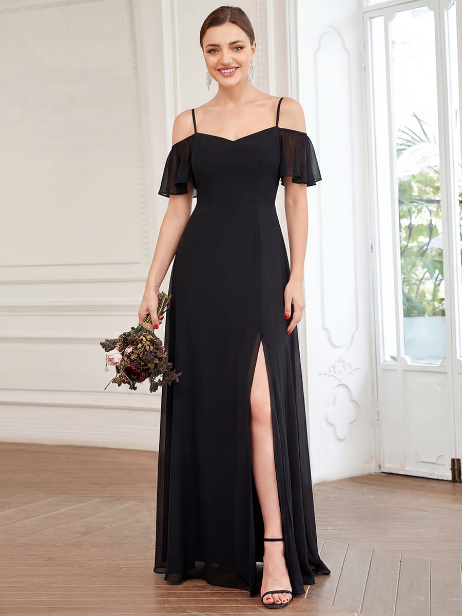 Stylish Cold-Shoulder Floor Length Bridesmaid Dress with Side Slit #color_Black