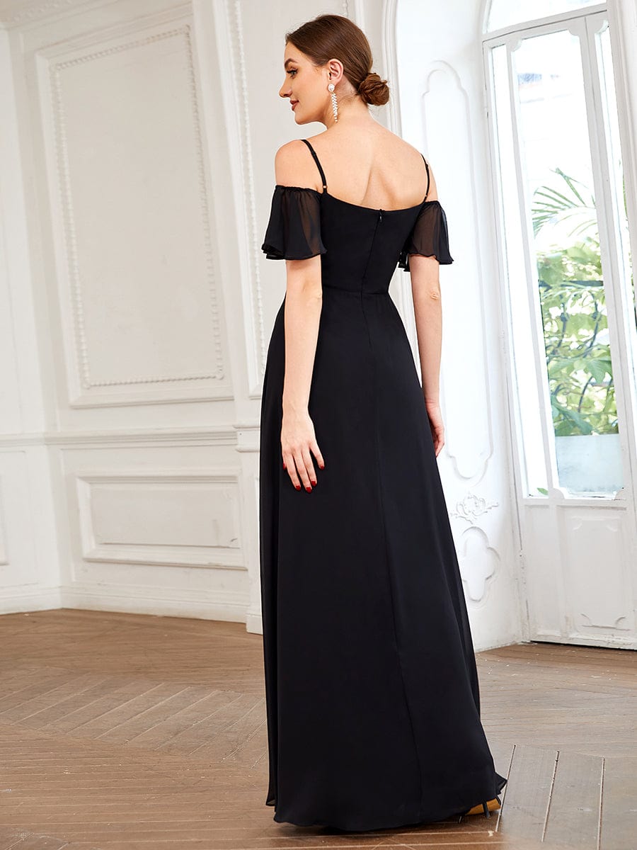 Stylish Cold-Shoulder Floor Length Bridesmaid Dress with Side Slit #color_Black