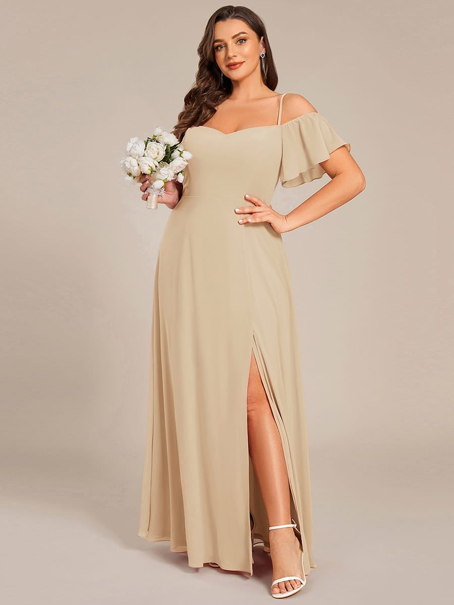 Stylish Cold-Shoulder Floor Length Bridesmaid Dress with Side Slit #color_Champagne