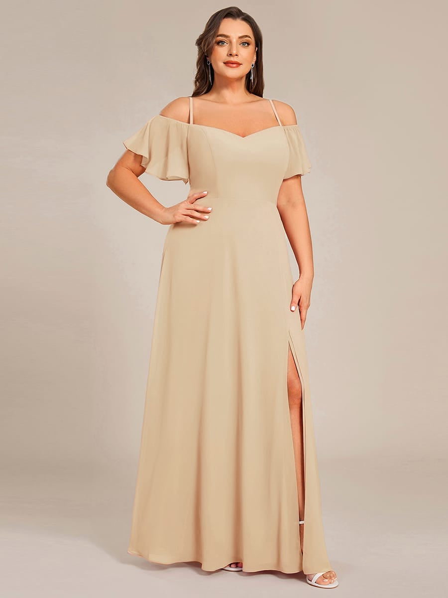Stylish Cold-Shoulder Floor Length Bridesmaid Dress with Side Slit #color_Champagne