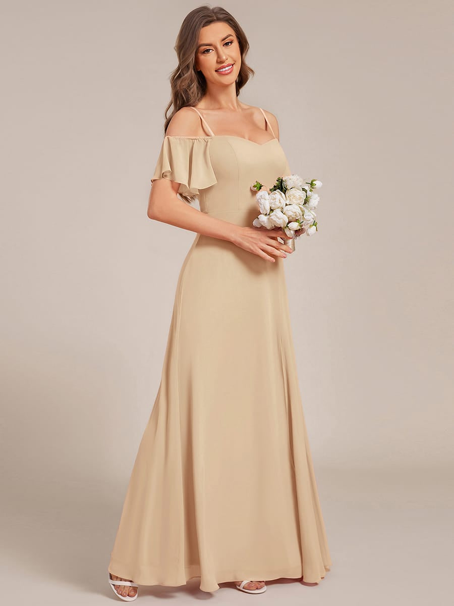 Stylish Cold-Shoulder Floor Length Bridesmaid Dress with Side Slit #color_Champagne