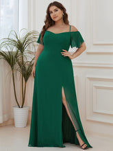 Plus-Size Cold-Shoulder V-neck Evening Dress with Side Slit #color_Dark Green