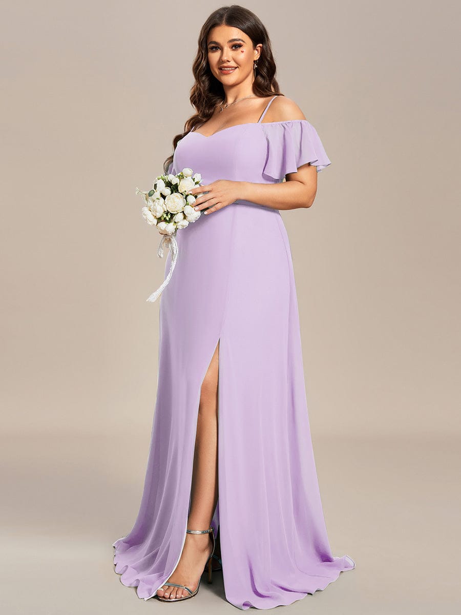 Cold-Shoulder High Split Floor Length Bridesmaid Dress #color_Frosted Lilac