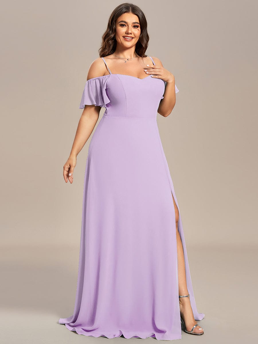 Stylish Cold-Shoulder Split Floor Length Wedding Guest Dress #color_Frosted Lilac