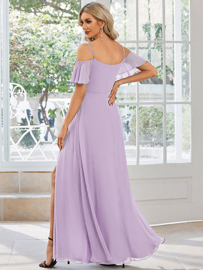 Cold-Shoulder High Split Floor Length Bridesmaid Dress #color_Frosted Lilac