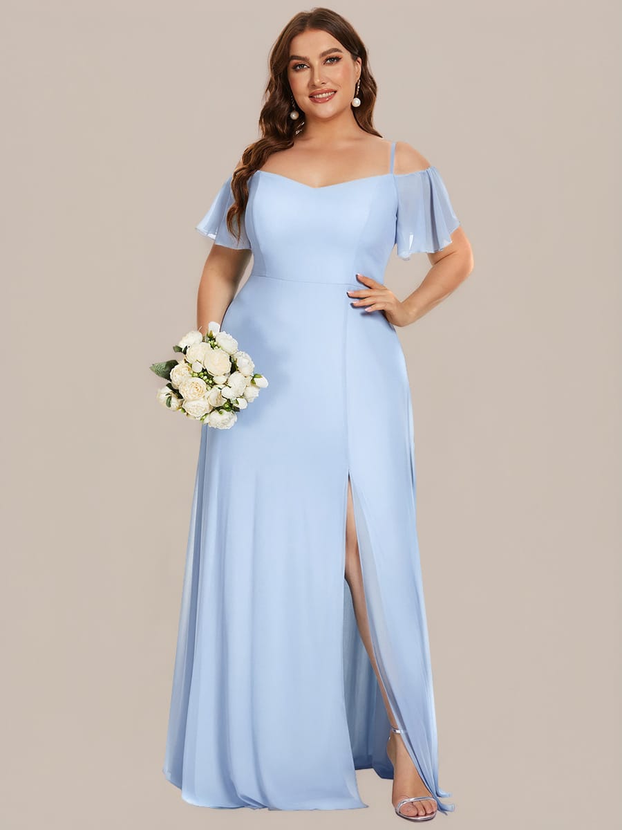 Stylish Cold-Shoulder Floor Length Bridesmaid Dress with Side Slit #color_Ice Blue