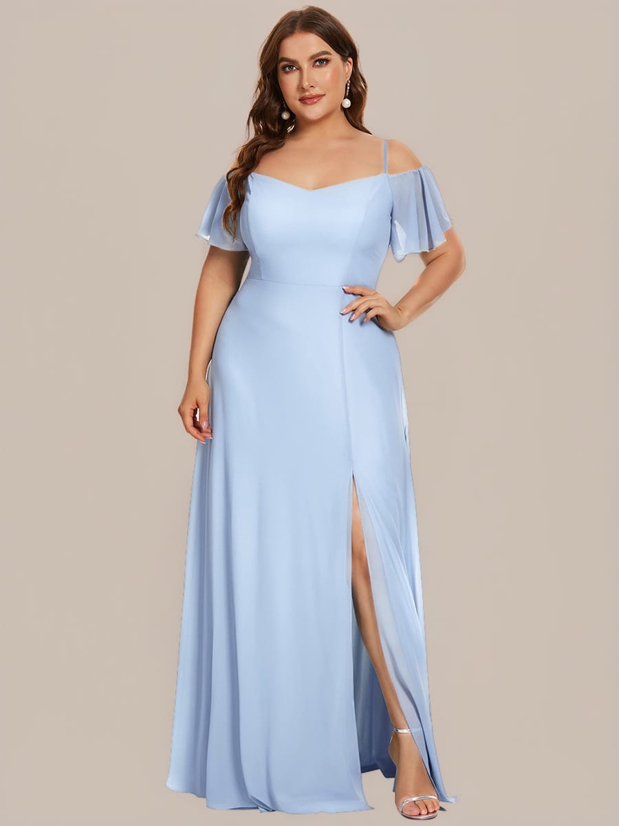 Stylish Cold-Shoulder Floor Length Bridesmaid Dress with Side Slit #color_Ice Blue