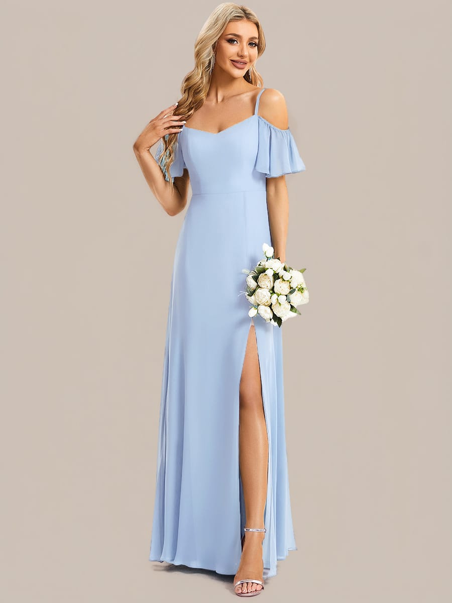 Stylish Cold-Shoulder Floor Length Bridesmaid Dress with Side Slit #color_Ice Blue
