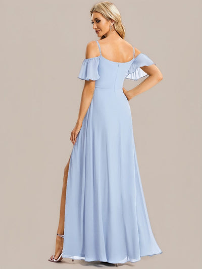 Cold-Shoulder High Split Floor Length Bridesmaid Dress #color_Ice Blue
