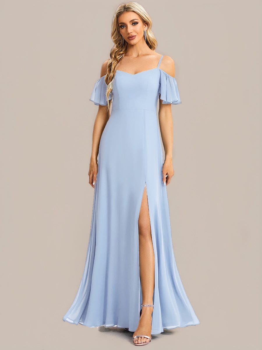 Cold-Shoulder High Split Floor Length Bridesmaid Dress #color_Ice Blue