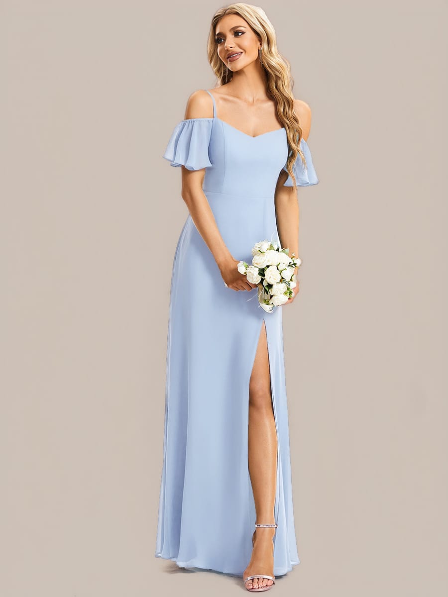 Stylish Cold-Shoulder Floor Length Bridesmaid Dress with Side Slit #color_Ice Blue