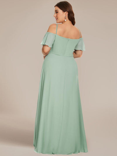 Plus-Size Cold-Shoulder V-neck Evening Dress with Side Slit #color_Mint Green