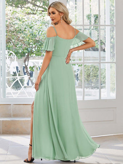 Stylish Cold-Shoulder Floor Length Bridesmaid Dress with Side Slit #color_Mint Green