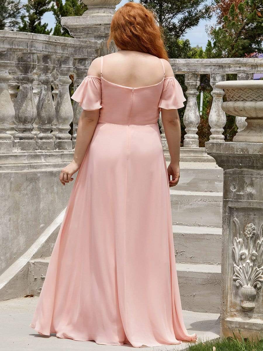 Plus-Size Cold-Shoulder V-neck Evening Dress with Side Slit #color_Pink