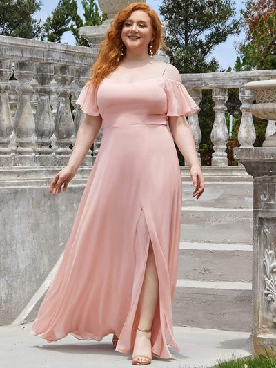 Plus-Size Cold-Shoulder V-neck Evening Dress with Side Slit #color_Pink