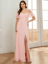 Stylish Cold-Shoulder Floor Length Bridesmaid Dress with Side Slit #color_Pink