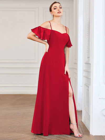 Stylish Cold-Shoulder Floor Length Bridesmaid Dress with Side Slit #color_Red
