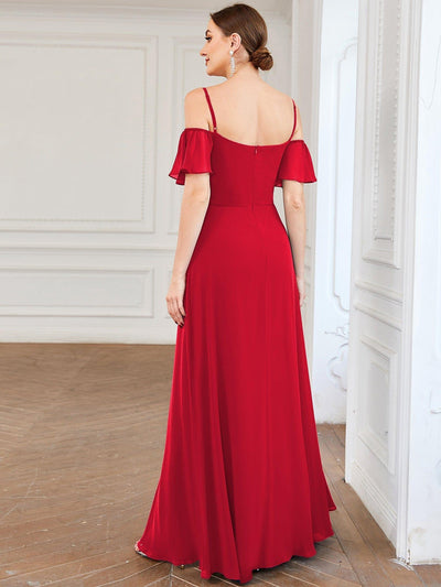 Stylish Cold-Shoulder Floor Length Bridesmaid Dress with Side Slit #color_Red