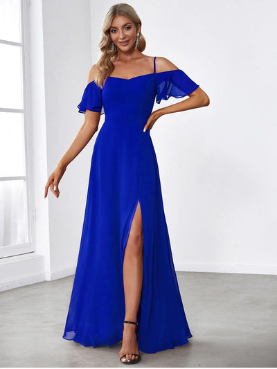 Stylish Cold-Shoulder Floor Length Bridesmaid Dress with Side Slit #color_Sapphire Blue
