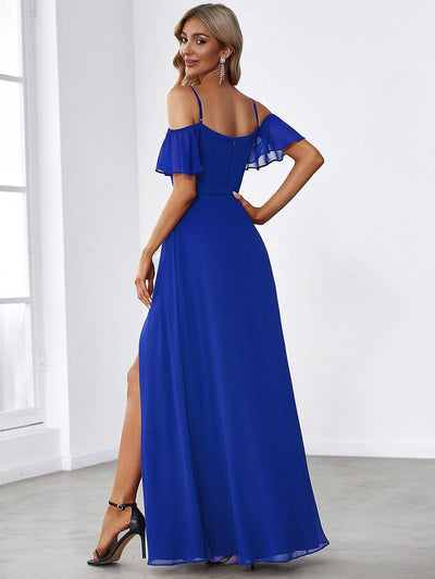 Stylish Cold-Shoulder Floor Length Bridesmaid Dress with Side Slit #color_Sapphire Blue