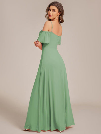 Stylish Cold-Shoulder Floor Length Bridesmaid Dress with Side Slit #color_Sage Green
