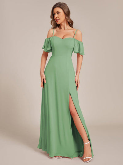 Stylish Cold-Shoulder Floor Length Bridesmaid Dress with Side Slit #color_Sage Green
