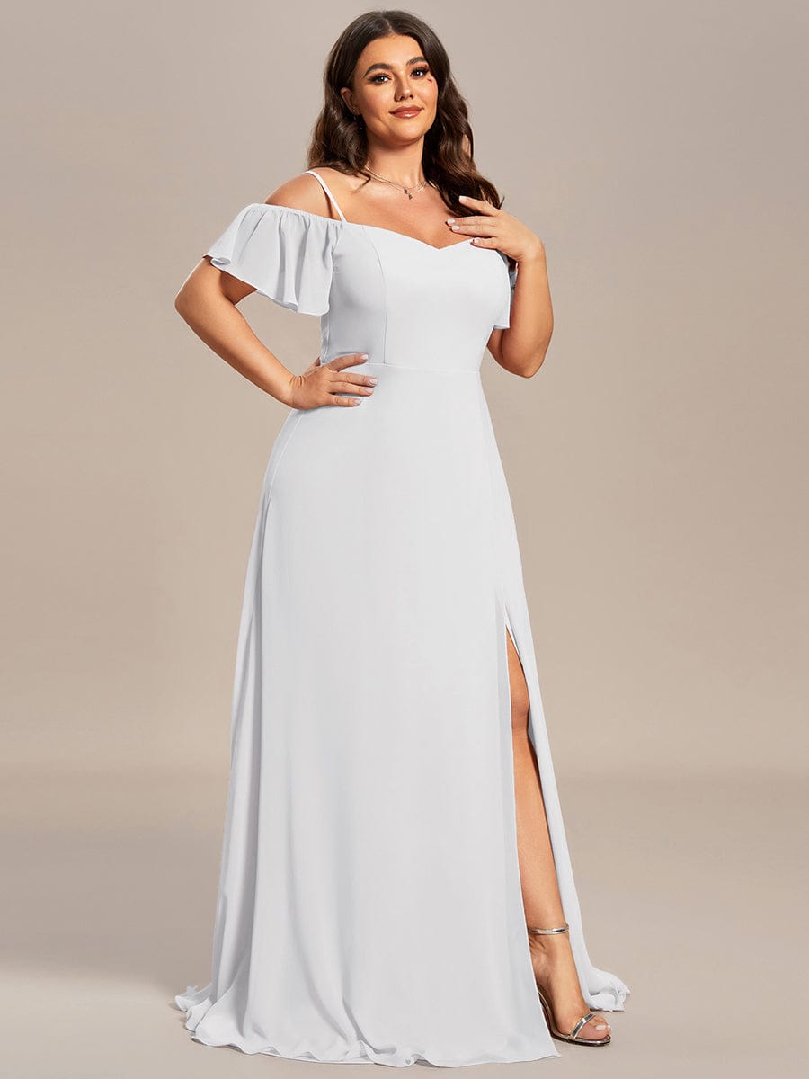 Stylish Cold-Shoulder Floor Length Bridesmaid Dress with Side Slit #color_White
