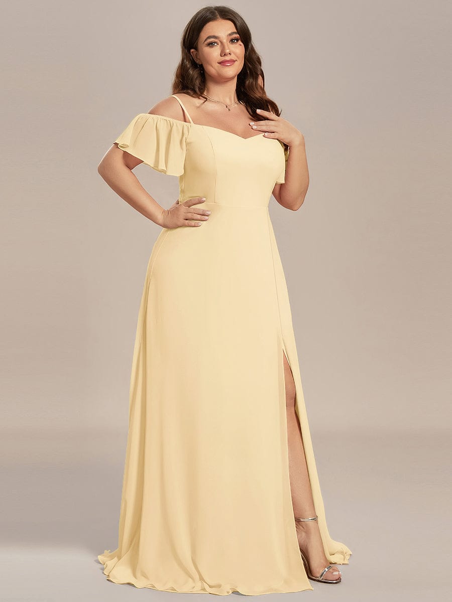 Stylish Cold-Shoulder Floor Length Bridesmaid Dress with Side Slit #color_Yellow