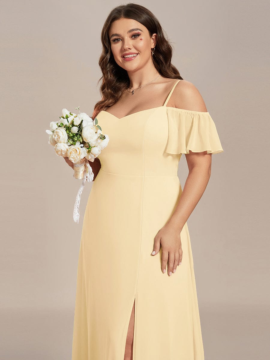 Stylish Cold-Shoulder Floor Length Bridesmaid Dress with Side Slit #color_Yellow